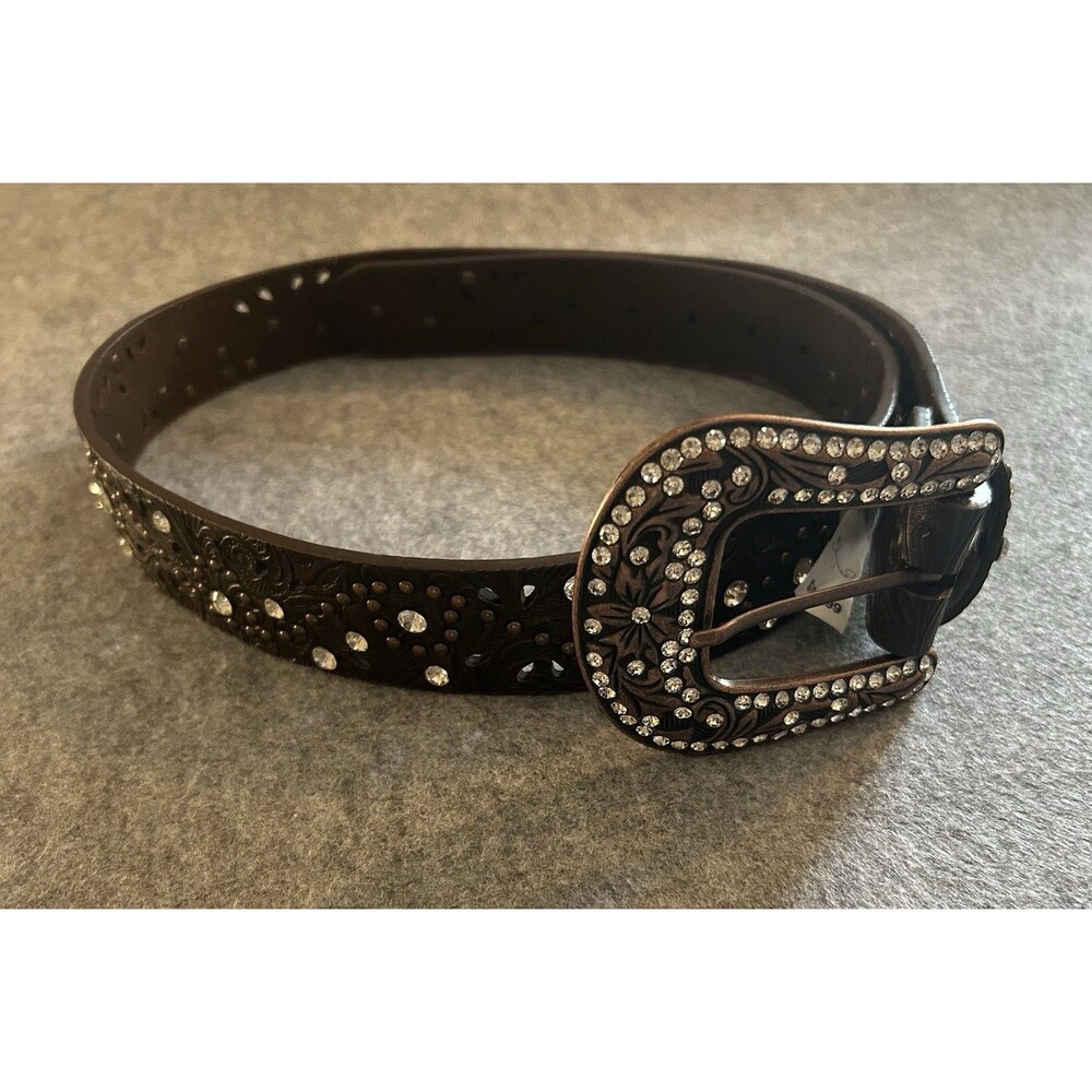 New Shyanne Western Country Cowgirl Rodeo Rhinestone Brown Leather Belt Size M/L